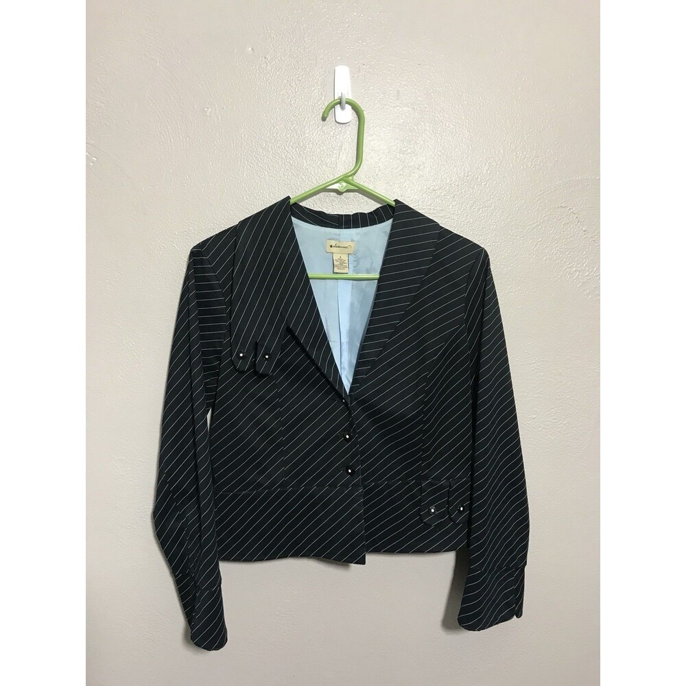 ANTHROPOLOGIE ELEVENSES Black Blue Pin Striped Asymmetrical Career Jacket 4 VTG